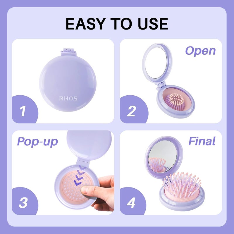 RHOS Hair Brush with Mirror for Women, Girls - Compact Folding Brush with Soft Nylon Bristles and Mirror - Portable Hair Brush for Travel (Purple) - Image 5